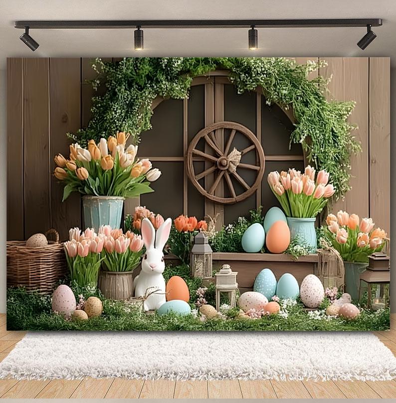 Easter white brick wall flower rabbit Easter egg shooting Backdrop spring flower wall children's birthday party banner Backdrop