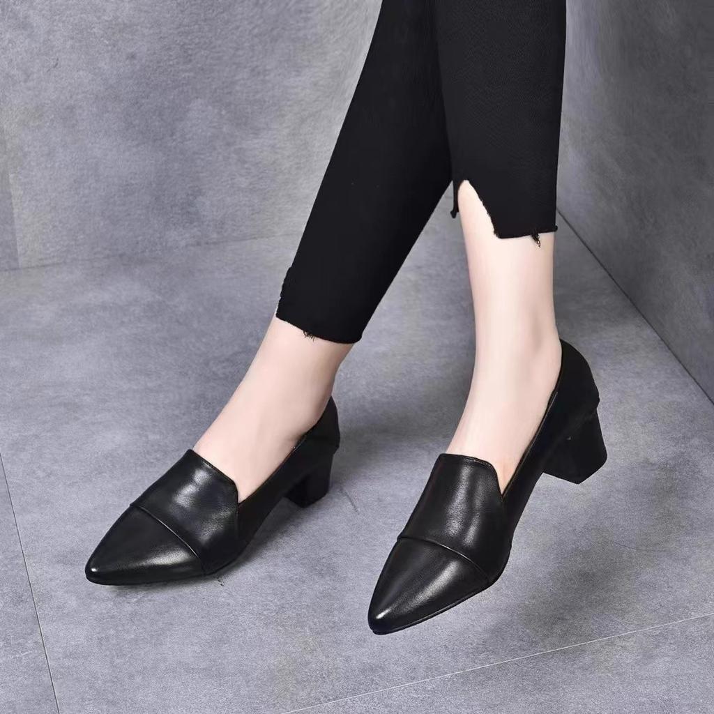 Spring New High Heels Women's Middle Heel Single Shoes Soft Leather Shallow Mouth Four Seasons Single Shoes Pointed Thick Heel Leather Shoes