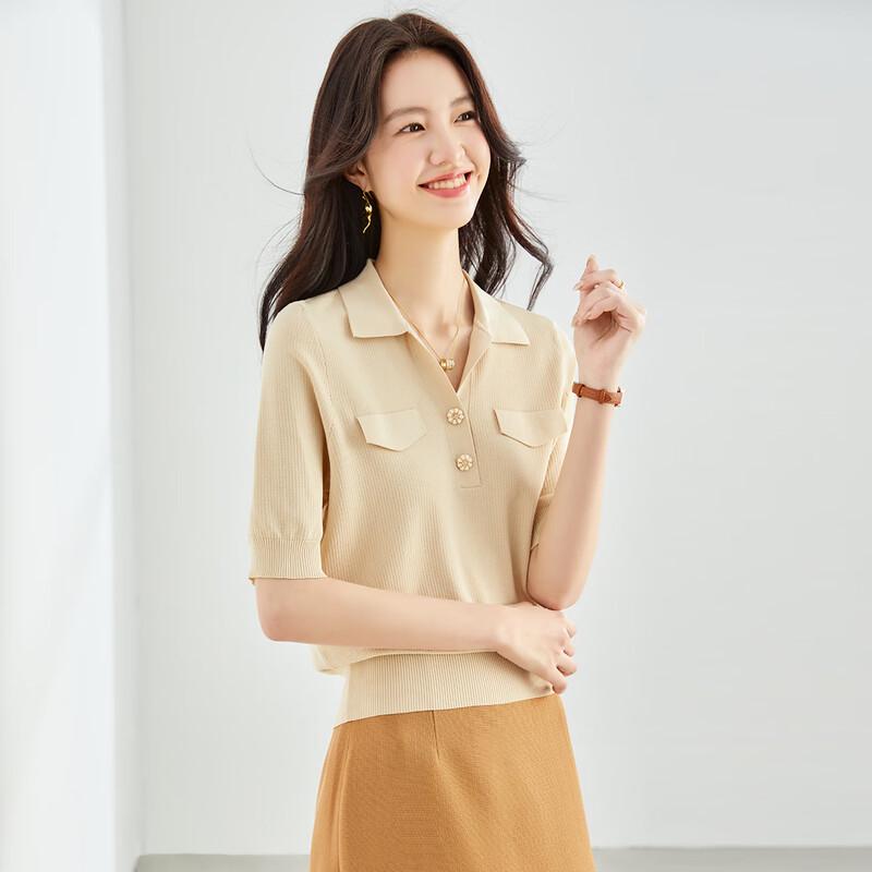 CARBAMMI Women's Ice Silk Knit Short-Sleeve Cropped Polo T-Shirt