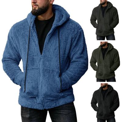 Pánský zimní kabát s kapucí, hustý plyš, dlouhý rukáv, stahovací šňůrka, jednobarevný zip, zapínání, kapsy, ležérní, pánská outdoorová bunda
