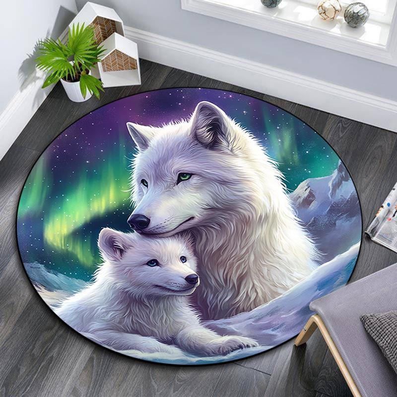 Weißer Wolf Runder Teppich, Teppich für Wohnzimmer Schlafzimmer Sofa Spielzimmer Dekor, Rutschfeste Bodenmatte