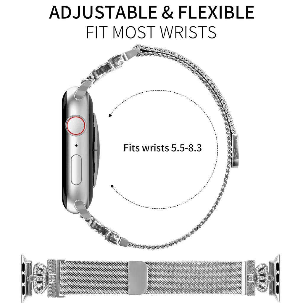 Watch Band For Apple Watch Series 10 9 8 7 SE 6 5 4 3 2 1 42mm 41mm 40mm 38mm Milanese Wrist Strap Silver Stainless Steel Crown Clasp