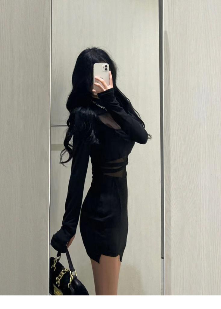 French chic mesh patchwork pure and alluring style dress for women, new autumn and winter sexy waist-cinching slimming hip-hugging short skirt
