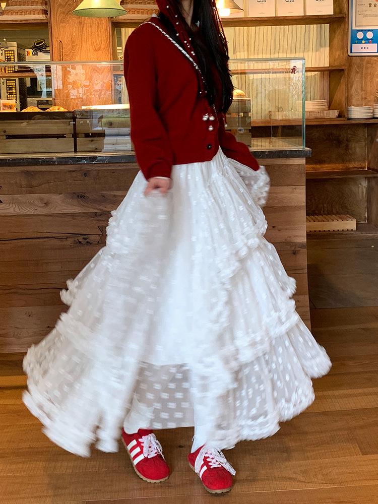 Korean Sweet New Year Patchwork Lace A-line Skirt - Women s Autumn/Winter Long Mesh Skirt Extra Large