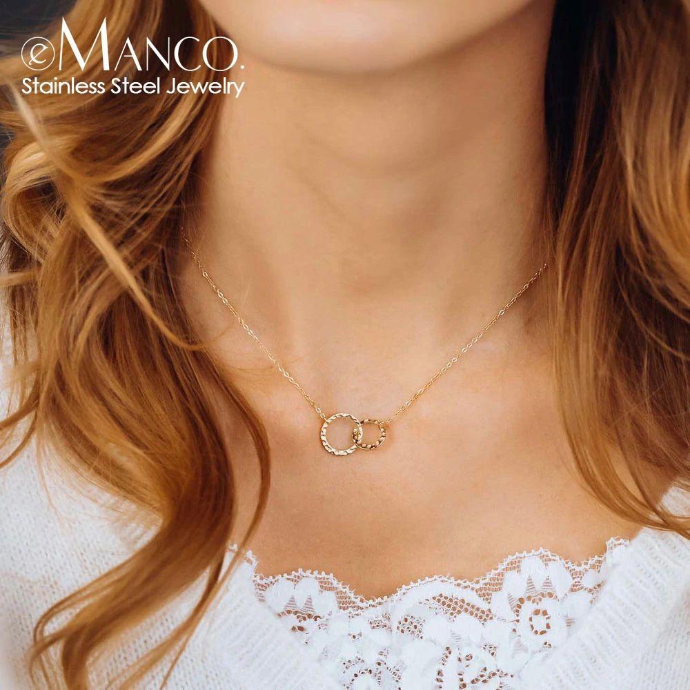 EManco Necklace Women s Vintage Style Double Ring Round Pendant Necklace Elegant Simple Daily Wear and Dating Wear Necklace YX14918&42+8cm серебряный
