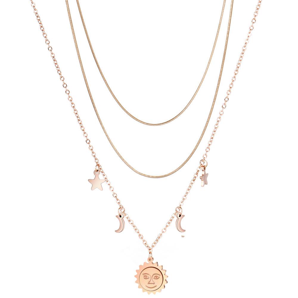 Sun Moon Stars Double Layer Titanium Steel Necklace - Versatile Stackable Clavicle Chain for Women
