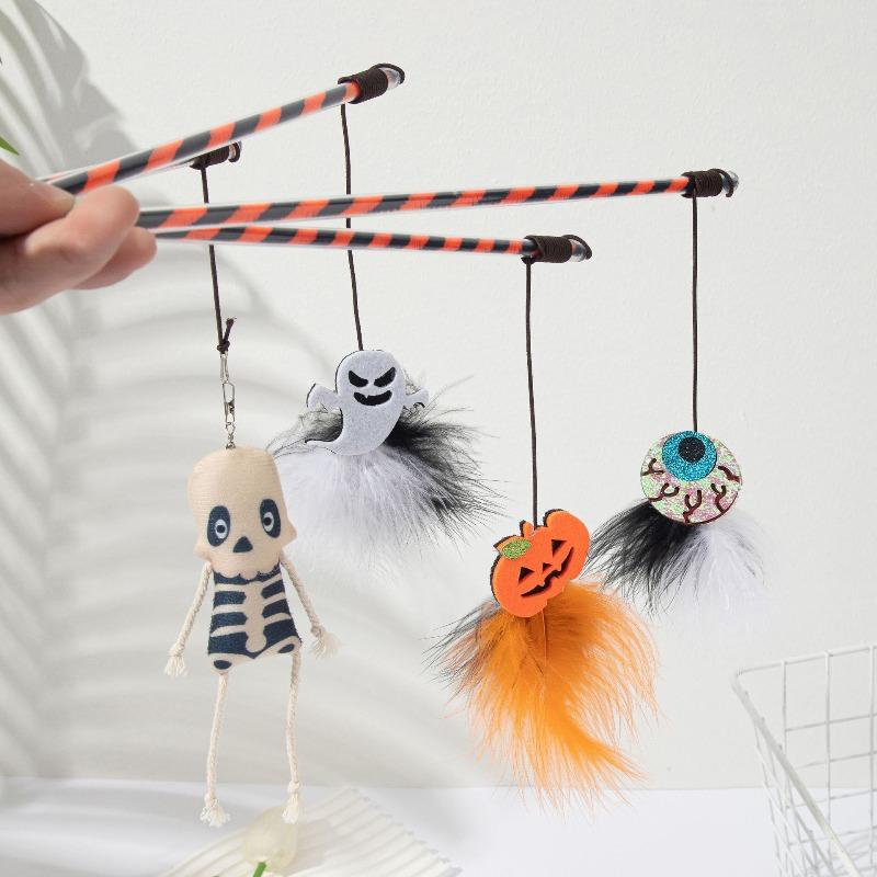Cat Teaser Stick Halloween Cat Toy New Cat Teaser Stick Pumpkin Ghost Feather Bell Plastic Cat Toy
