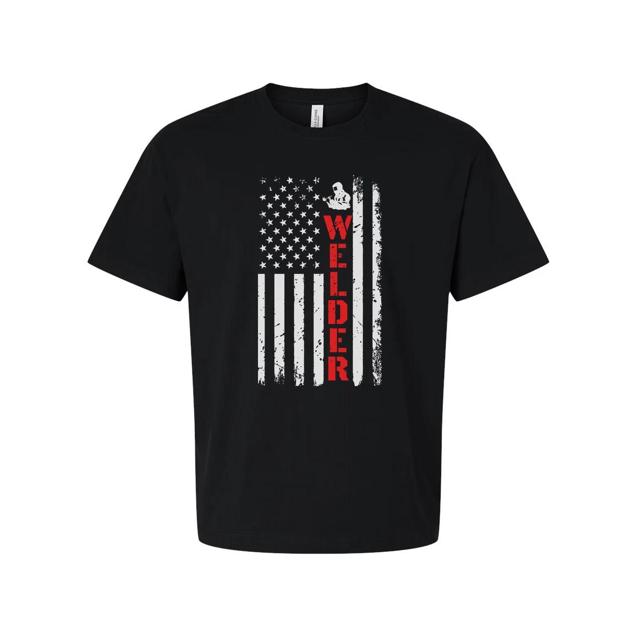 

Unisex Welder Flag Graphic T Shirt With Distressed American Flag And Red Vertica XL