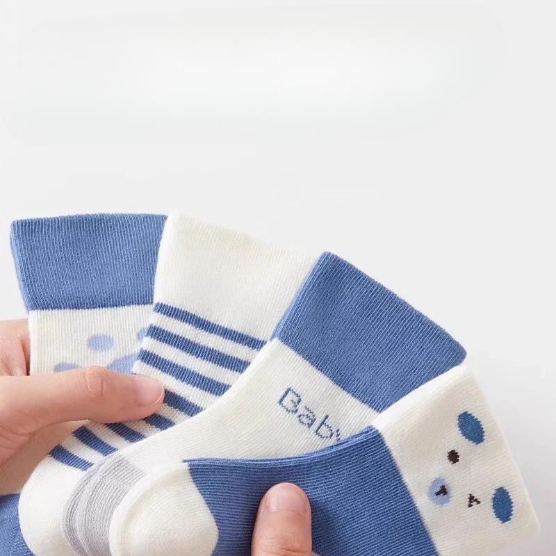 4Pairs Toddlers Cotton Socks Spring Autumn Newborn Sock Blue Bear Cute Solid Color Striped Baby Sport Socks Fashion 0-5Years