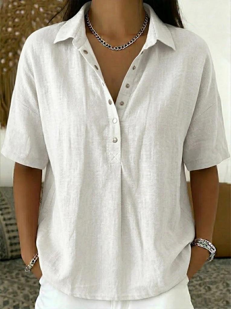 

2026 Summer Women s Loose Lapel Short Sleeve Solid Shirt L белый