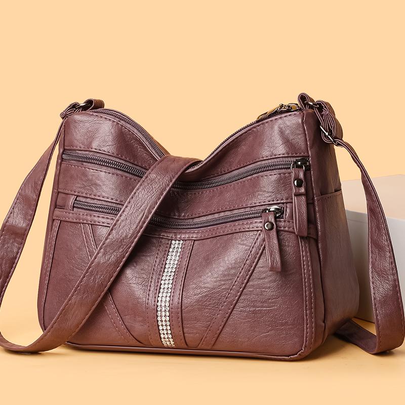 Odinė kryžinė rankinė su daug kišenių moterims, vintažinė, skirta kasdienai, ant peties, vidutinio amžiaus mamai, tinkama kasdieniam važiavimui į darbą, darbui, apsipirkinėjimui