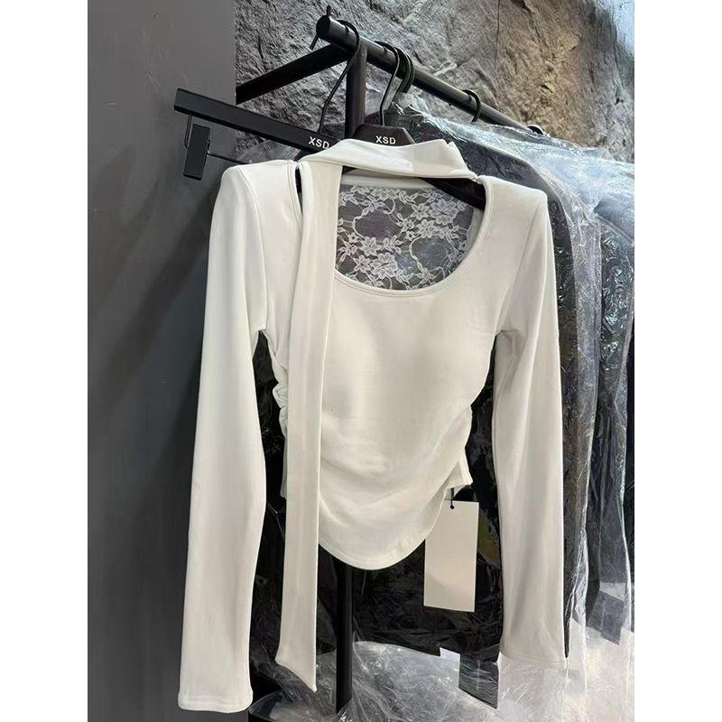 Женская хлопковая футболка с длинным рукавом в корейском стиле, с кружевной аппликацией «Пикантная девушка», 210 г, Осень/Зима. Large белый