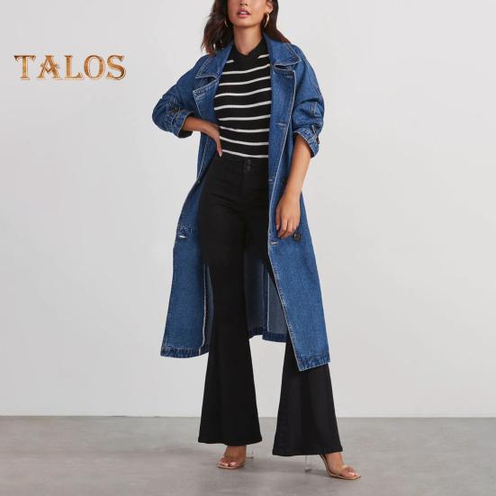 Women Denim Jacket Double-breasted with Side Pockets Lace-up Tie Waist Mid Length Solid Color Turn-down Collar Overcoat Streetwear Outdoor