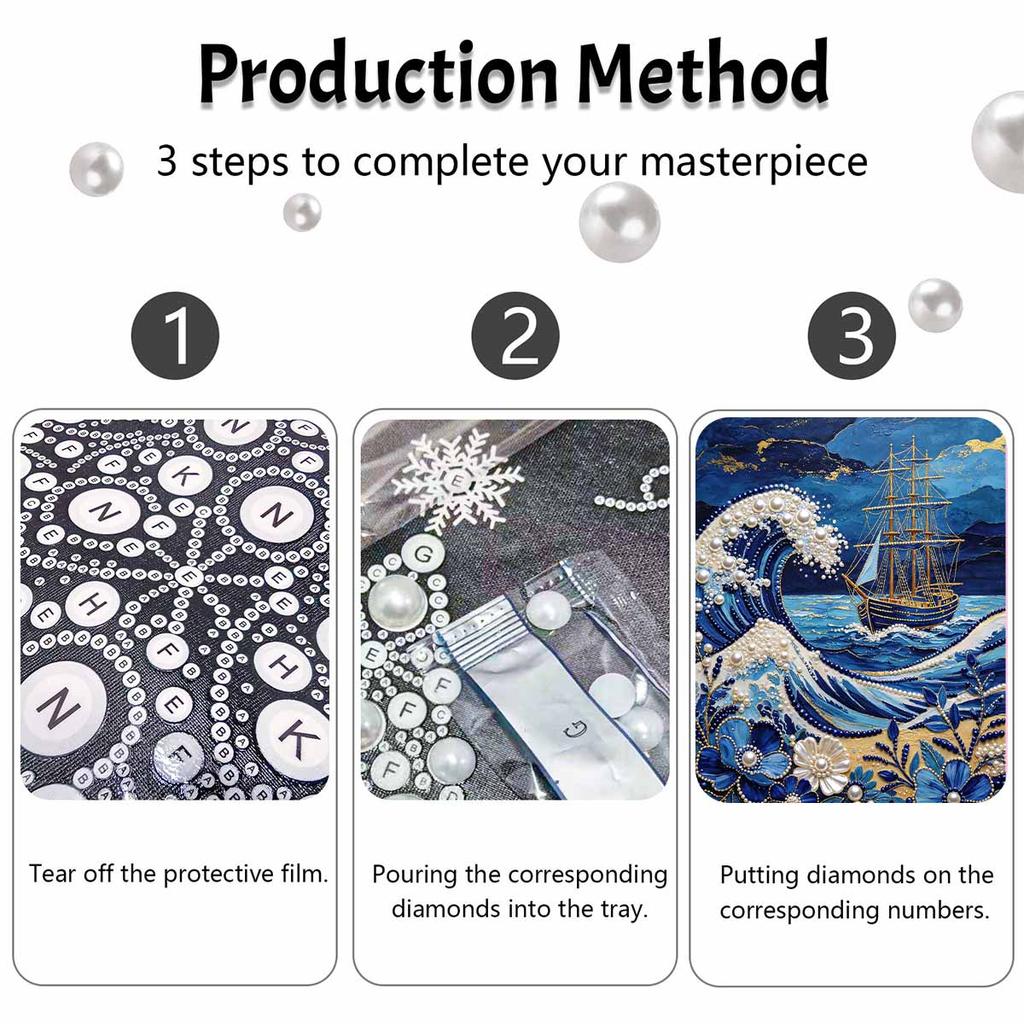 Pearl Painting Handmade DIY 5D Pearl Ocean Wave Sailing Ship Flower Pattern Decorative Hanging Painting