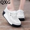 Women's White Leather Cut-Out Wedge Shoes - Thick Soft Sole, Casual Spring/Summer Platform Shoes.