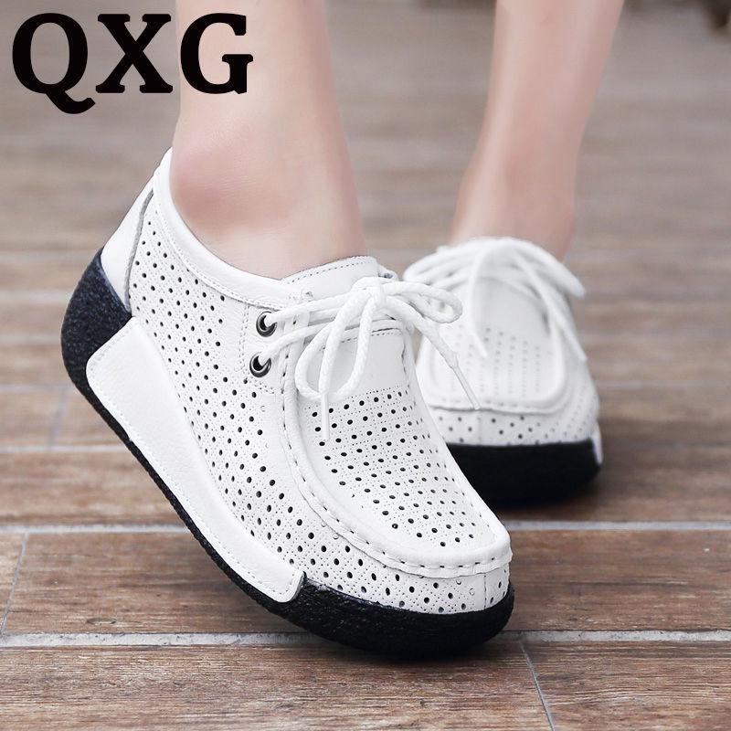 Women's White Leather Cut-Out Wedge Shoes - Thick Soft Sole, Casual Spring/Summer Platform Shoes.