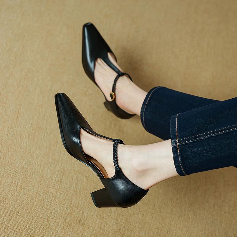 Fashion 2025 Summer Women Sandals Genuine Leather Sexy Pointed Toe T Strap Party Shoes High Heel Summer Pumps Hollow Shoes Woman 34-40