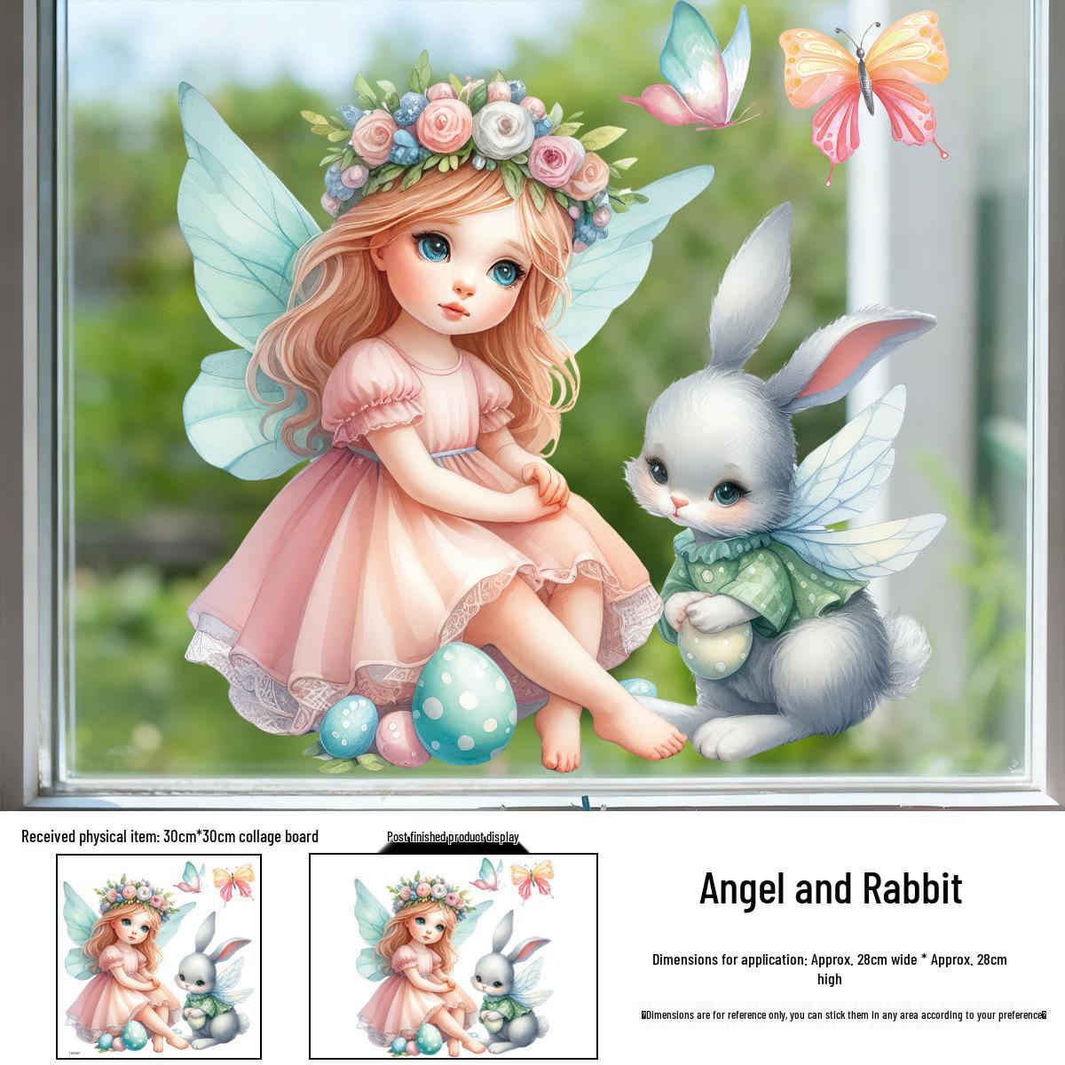 Easter Cartoon Angel & Rabbit Window Clings - Decorative Glass Stickers for Living Room & Shops 30cm x 30cm (1 Sheet, Static Cling)