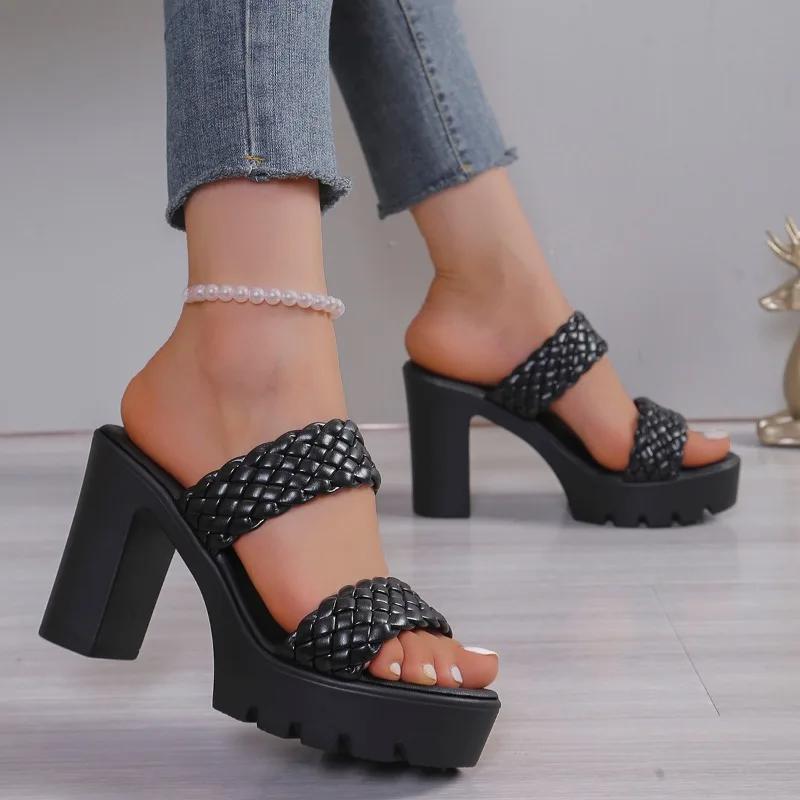 Summer Hot Selling Women's Shoes Fashion Solid Color Open Toe Women's Slippers Roman Thick Heel Women's High Heel Beach Shoes