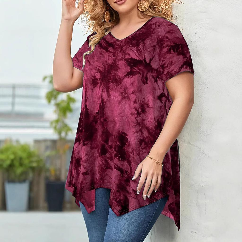 Women's V Neck Short Sleeve Tie Dye Print Loose Fit T-shirt with Asymmetrical Hem in Multi Colors