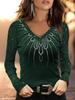 Women's Plus Size Slim Fit V-neck Printed Long Sleeve T-shirt Base Shirt