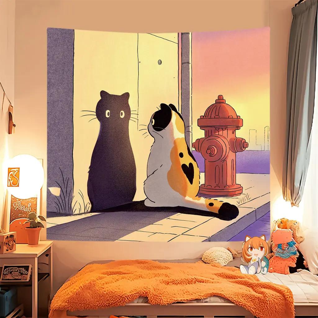 Kawaii Cat Tapestry Cute Cartoon Anime Wall Hanging Polyester Aesthetic Decor for Bedroom Dorm Kids Room Decor