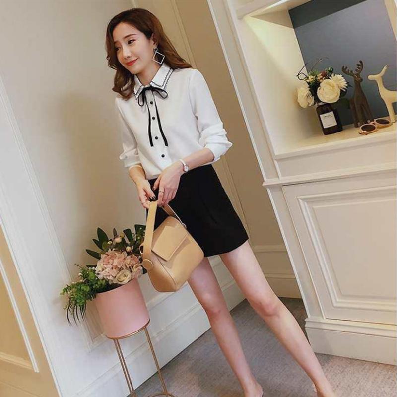 Loose All-match Solid Color Student Bow Chiffon White Shirt Ladies Long-sleeved Bottoming Shirt Commuting