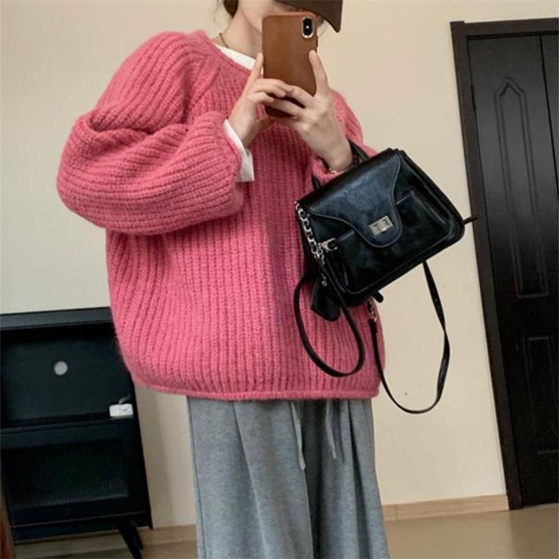 DAFIFY Women's Fashion Casual Fall Winter Solid Color Print Long Sleeve O-Neck Sweaters