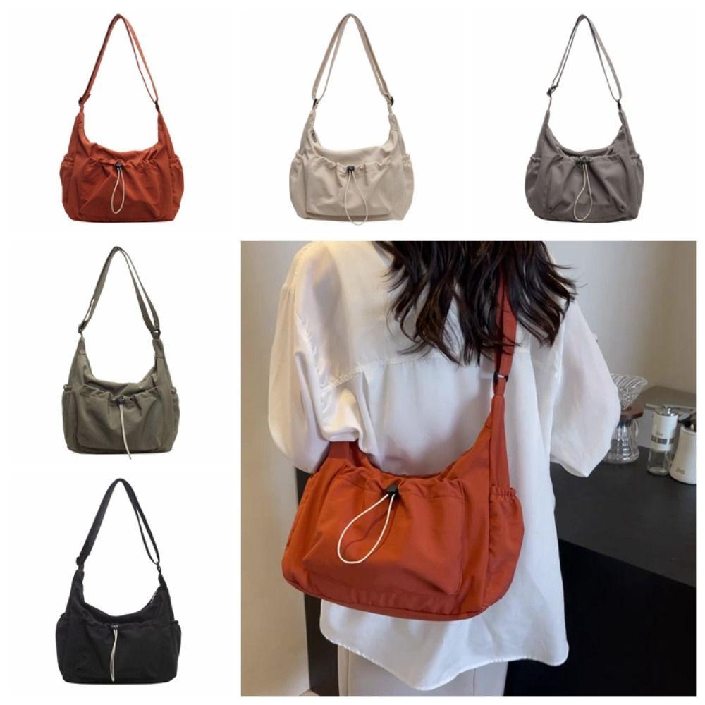 Elastic Rope Drawstring Tote Bag Solid Color Pleated Shoulder Bag Nylon Crossbody Bag  School