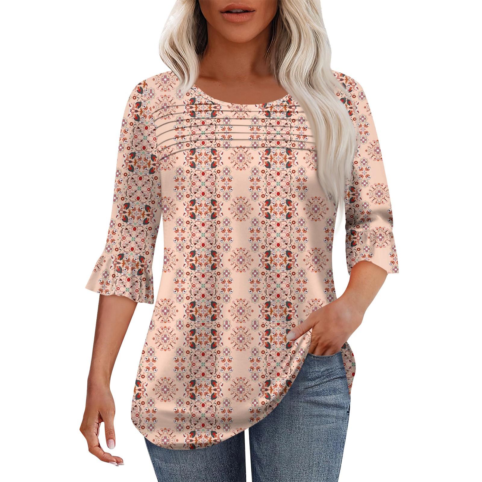 

Жіноча модна плісирована верхня частина з 3/4 рукавами та круглим вирізом S