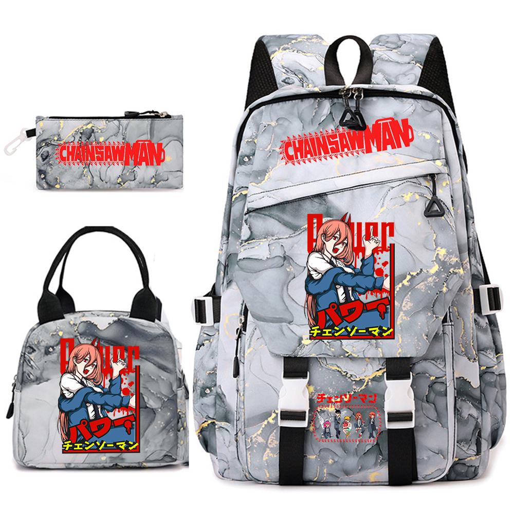 Chainsaw Man Anime Print Student Backpack Set for Girls with Lunch Bag Pencil Case School Daily Use
