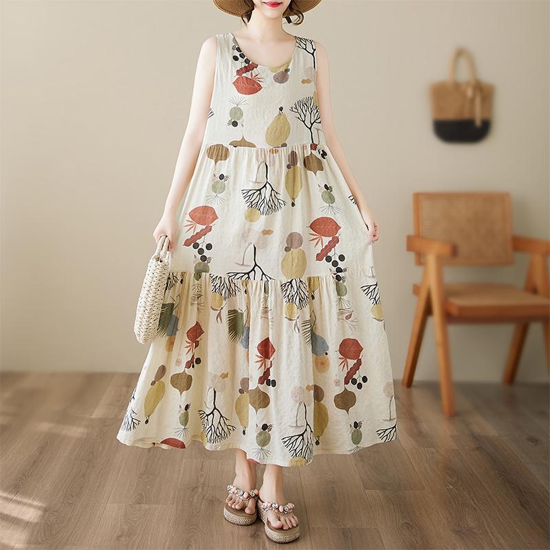 DIMANAF Plus Size Dress Summer Women Vintage Linen Elegant Style Sleeveless Floral Loose New Long Dress 8022