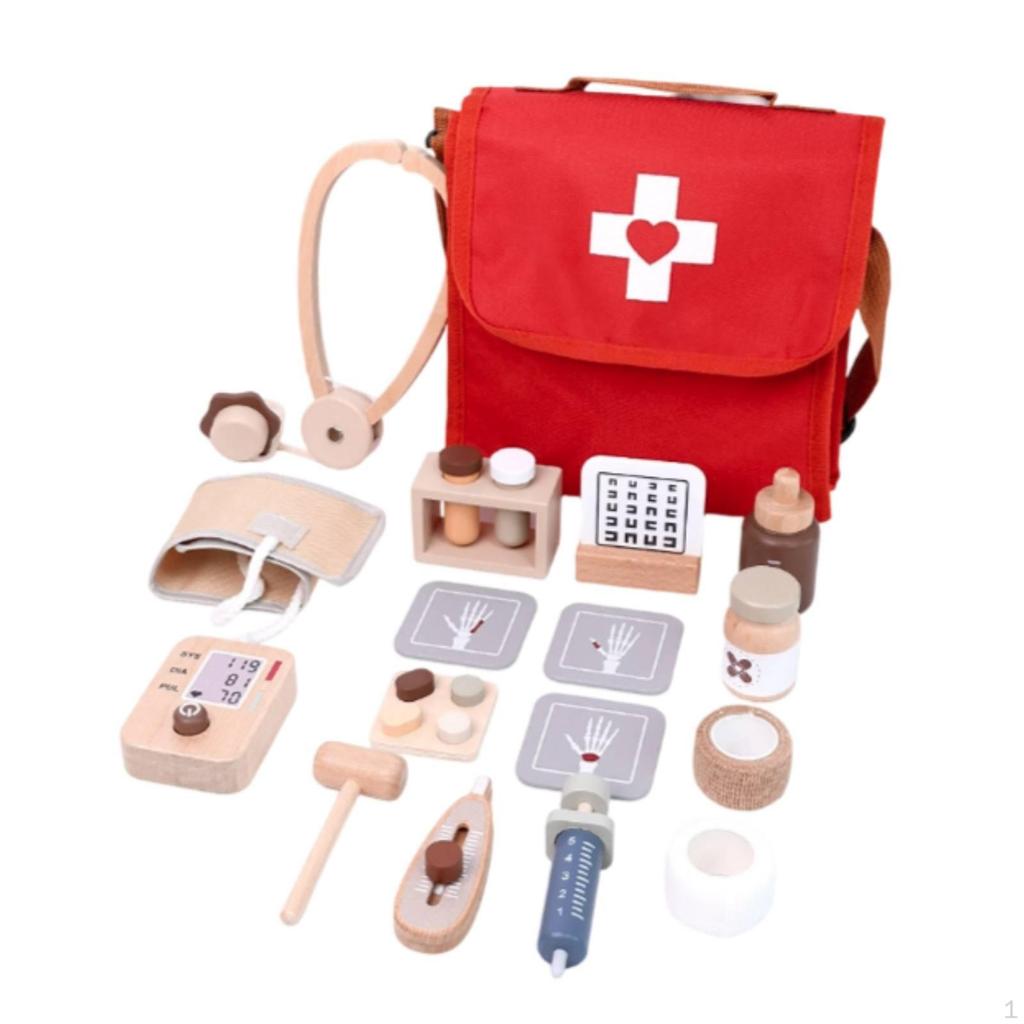 Doctor Kit Wooden with Heart Sound Listener Educational Medical Play Set Bag for