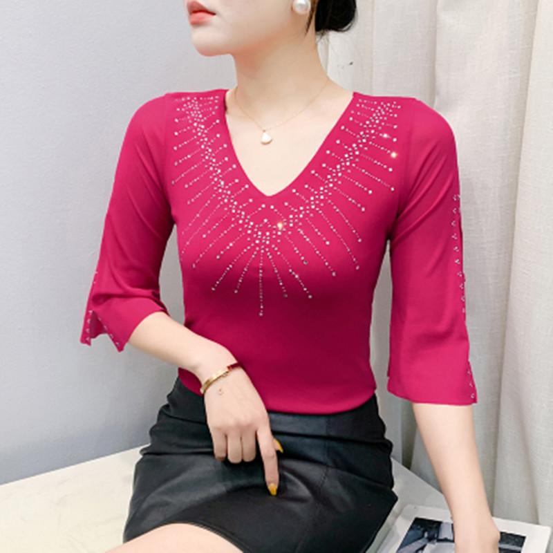 Sommer Kurzarm Damen T-Shirt Sexy V-Ausschnitt Glänzende Heiße Diamanten Oberteile Elegantes Mädchen Slim Mesh T-Shirts