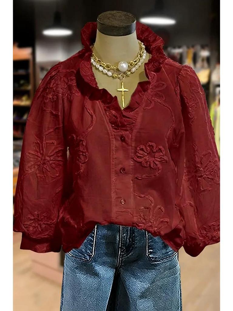 European-American V-Neck Ruffle Puff Sleeve Embroidered Women's Casual Holiday Top