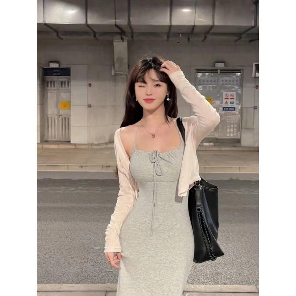 Light Gray Lace-up Neck Dress Summer Sexy Pure Desire Slim-fitting Waist Version Suspender Backless Long Dress