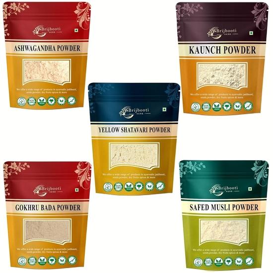 

Brijbooti Safed Musli - Ashwagandha - Kaunch - Shatavari - Gokhru Bada (Powder) 100 Gr Each