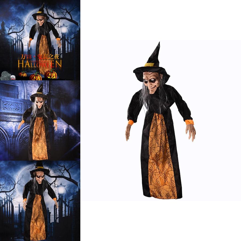 Lebensgroße animierte Hexe Halloween-Dekoration mit LED-Augen und gruseligen Geräuschen