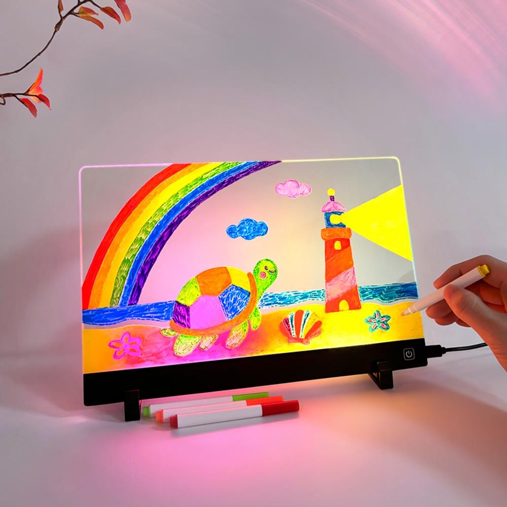 LED Drawing Board for Kids Gift, 20 X 30cm USB Powered Erasable Acrylic Illuminated Writing Tablet with Stand and Color Pencils