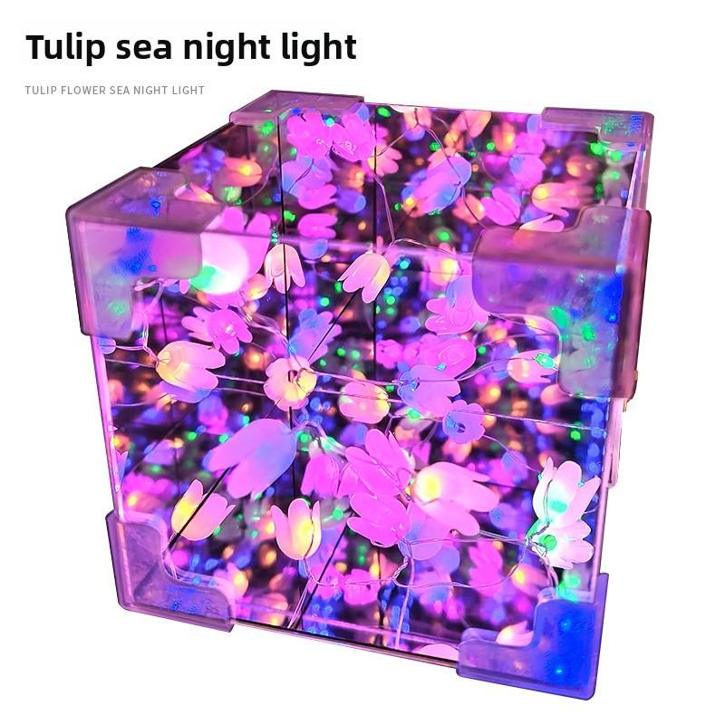 Handgefertigter Montage-Spiegel Tulpenblumenmeer Würfel-Nachtlicht Puzzle-Spielzeug-Set Für Gehirnentwicklung