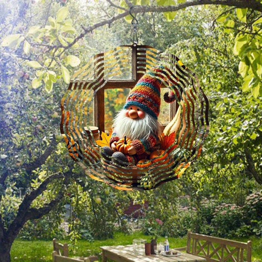Metal Garden Wind Chime with Rotating Spiral Autumn Gnome Pumpkin Decor for Outdoor Patio Porch Yard No Electricity Needed