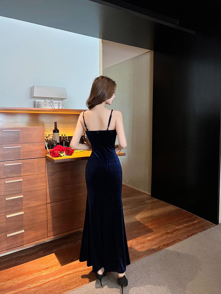 Red Velvet Spaghetti Strap Evening Gown - Women's Sexy Formal Dress for Spring & Autumn