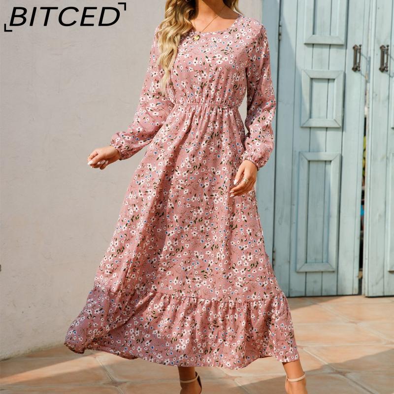 BITCED Spring Summer Bohemian Women Maxi Dress Casual Long Sleeve High Waist Beach Dress Women Floral Chiffon Dresses Vestidoes Mujer New