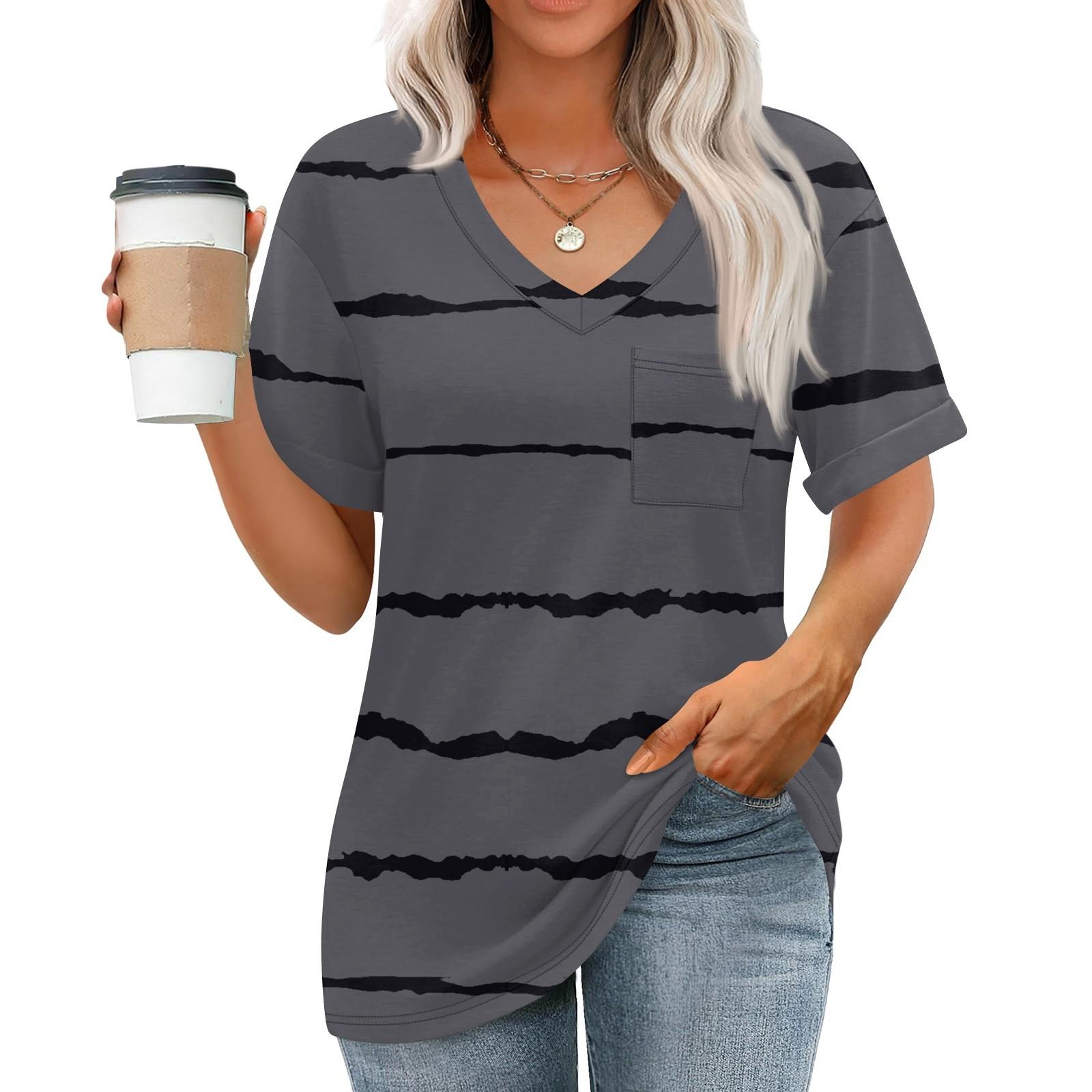 

Жіночі топи з V-подібним вирізом і короткими рукавами, повсякденні модні туніки з принтом і кишенями S