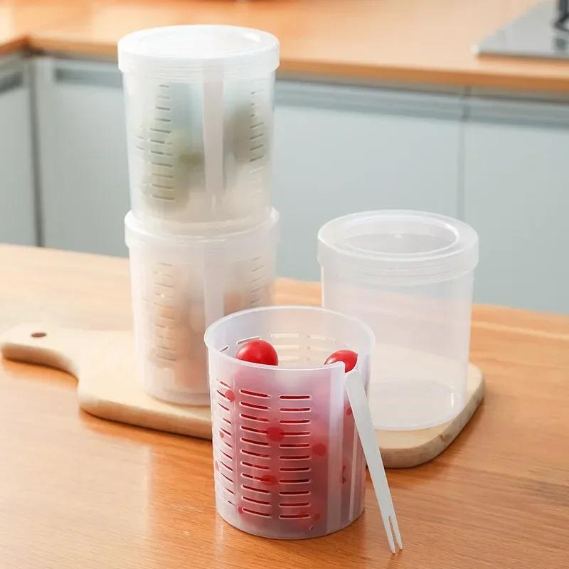 Kitchen Transparent Storage  Box Portable Fruit Storage Container Set with Fork Drainer for Lunch Refrigerator Food Preservation