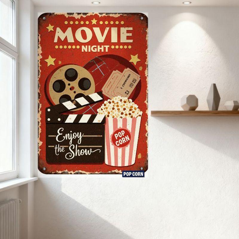 Vintage Movie Night Metal Tin Sign - Red Background with Film Reel, Clapperboard, Popcorn Bucket & Tickets for Home Theater Café