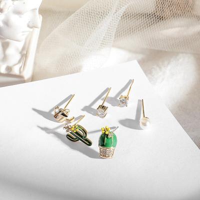Schöne Kaktus Topf Perle Zirkon Ohrstecker Set für Frauen geometrische 6-teilige Ohrringe Set Schmuck Geschenke