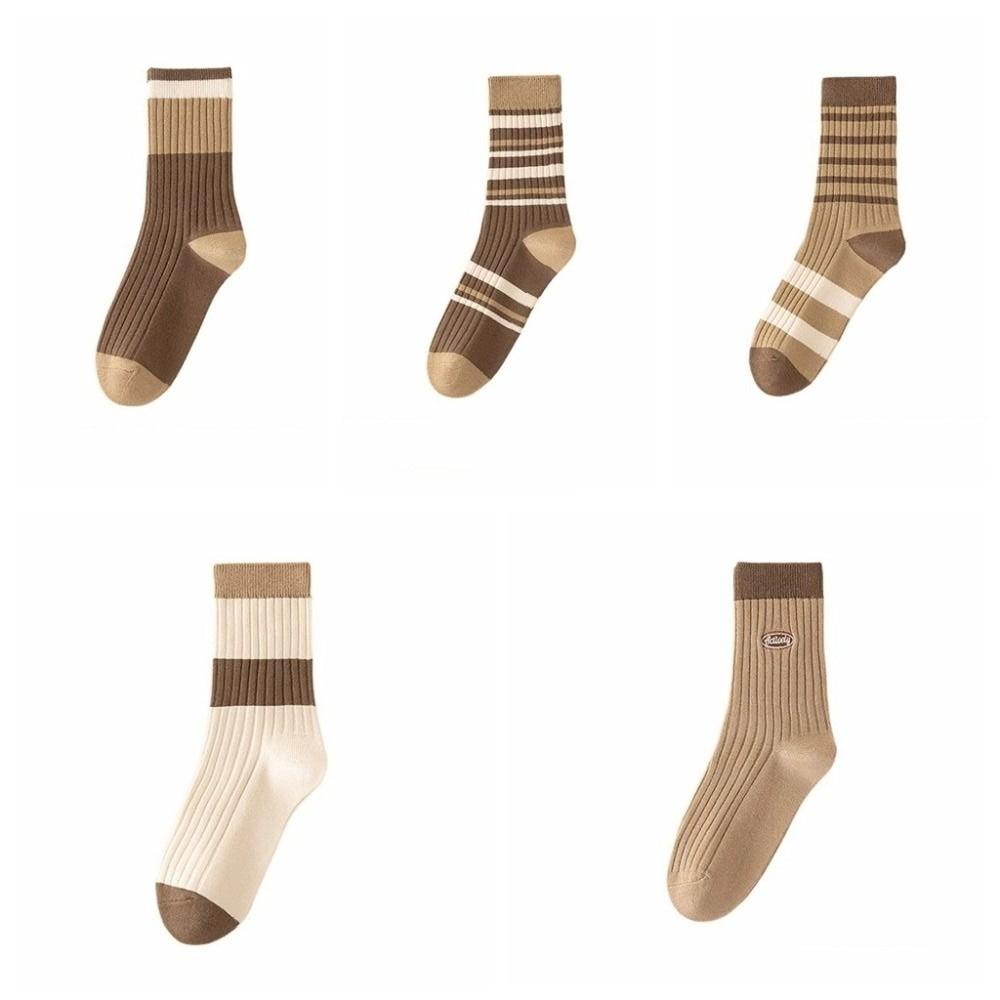 5Pairs Soft Stripe Tube Socks Breathable Mid-calf Socks Women's Cotton Socks  for Four Seasons