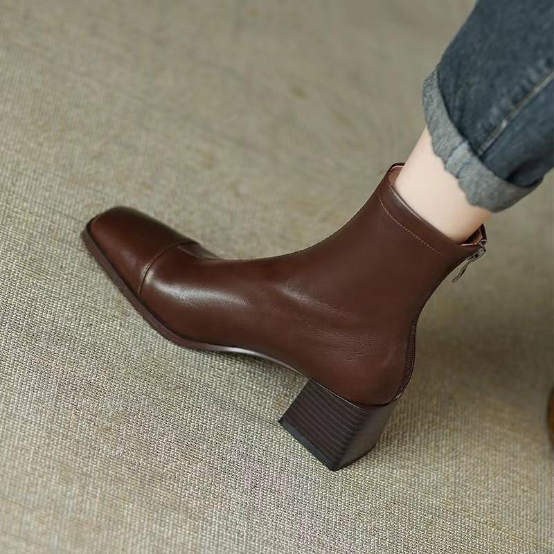 

Модная женская обувь 2024 года, высококачественные женские ботильоны, ретро-современные ботинки, женские сшитые туфли с квадратным носком и молнией сзади на толстом каблуке для женщин 38 коричневый