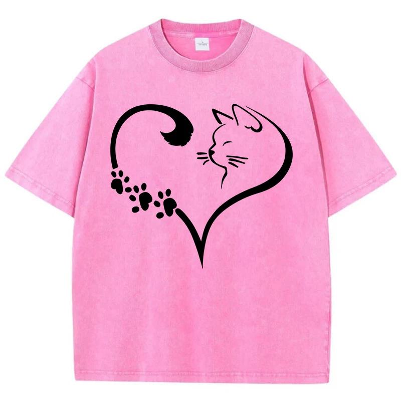 Cute Cartoon Cat Heart Picture Print T Shirts Mans Chic Oversized T-Shirts Design Soft Tee Shirt Senior Breathable Clothes